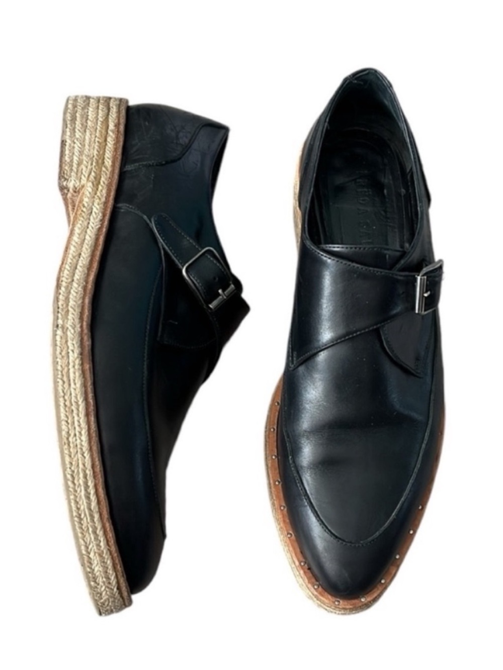 FREDA SALVADOR Keats Black Leather Monk Strap Studded Jute Platform Loafers 7